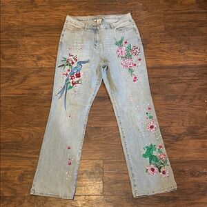 Denim 24/7 Light Blue Floral Embroidered Flare Jeans